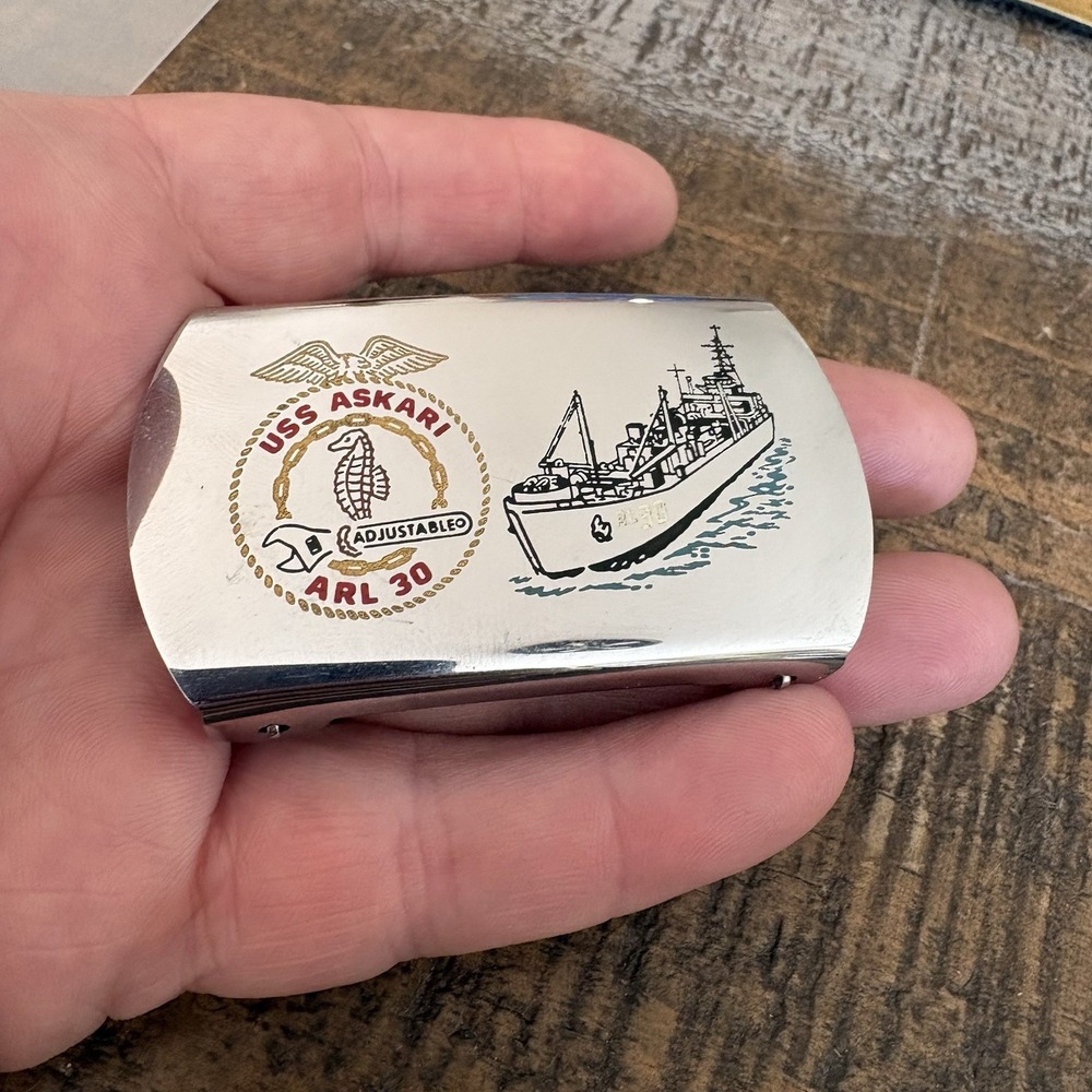 USS Askari ARL-30 Zippo Belt Buckle Chrome Adjustable US Navy Vintage